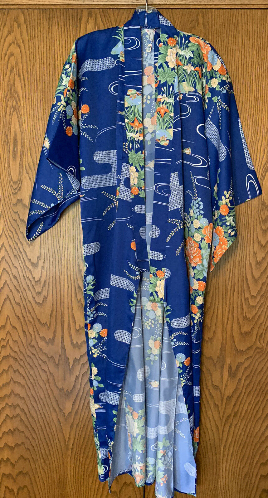 Vintage Hayashi Royal Blue Floral Birds Kimono Japan One Size New